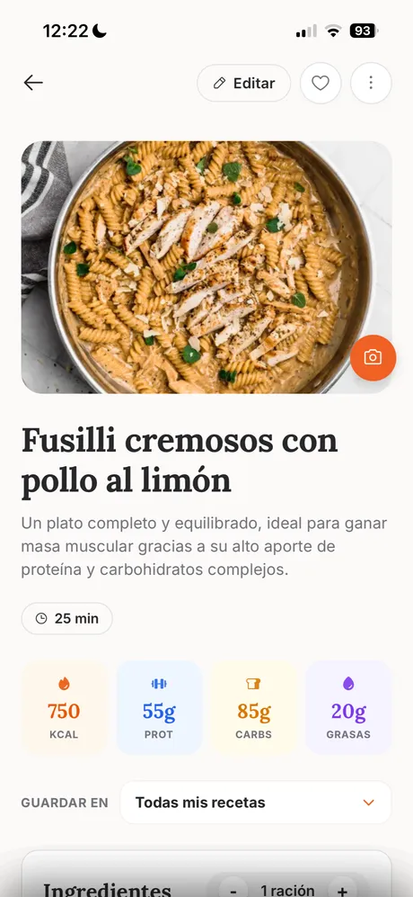 Ficha de la receta Fusilli cremosos con pollo al limón, con su foto, el tiempo de preparación y las calorías, proteína, carbohidratos y grasas.