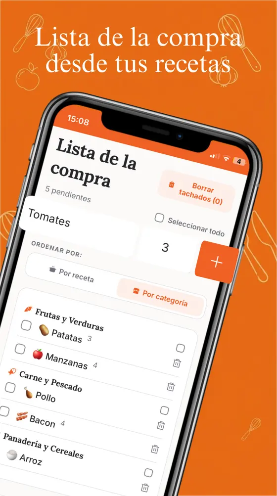 Lista de la compra generada desde las recetas y agrupada por categorías.