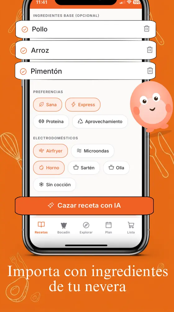 Crear una receta con los ingredientes que hay en la nevera, eligiendo electrodomésticos y preferencias.