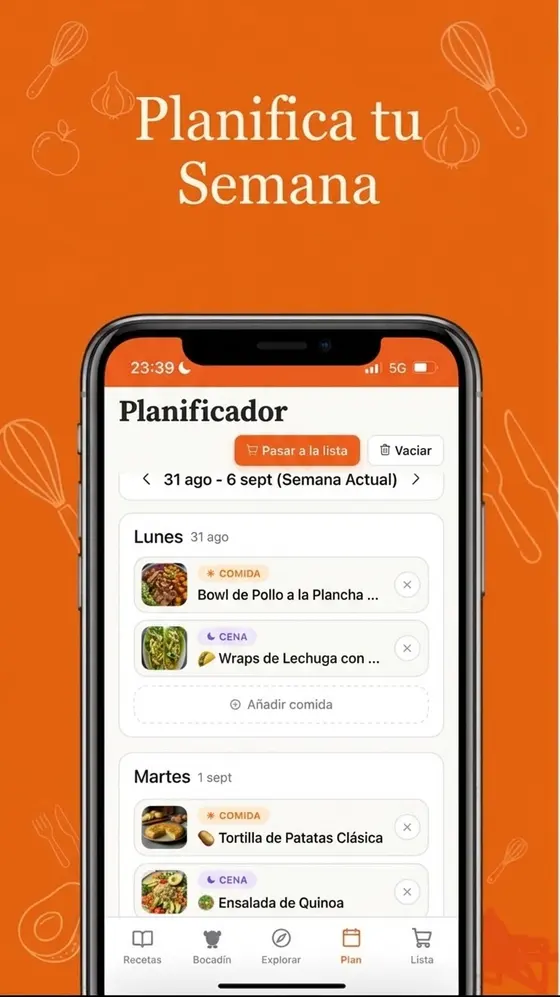 Planificador semanal con la comida y la cena de cada día.