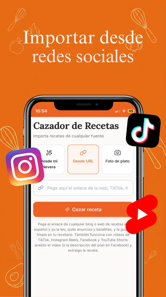 Cazador de recetas: pega el enlace de TikTok, Instagram o YouTube y sale la receta.